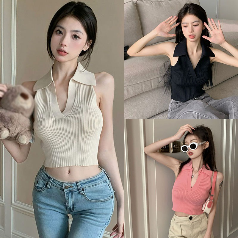 Áo Croptop Sát Nách Cổ Bẻ Quyến Rũ Thời Trang Hè Phong Cách Hàn Quốc Cho