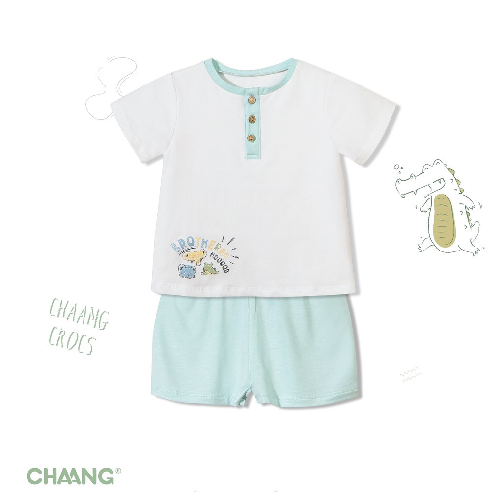 Bộ cộc tay bổ trụ Lake xanh, BST Lakeside Chaang 2021, quần áo trẻ em Chaang cotton an toàn cho bé