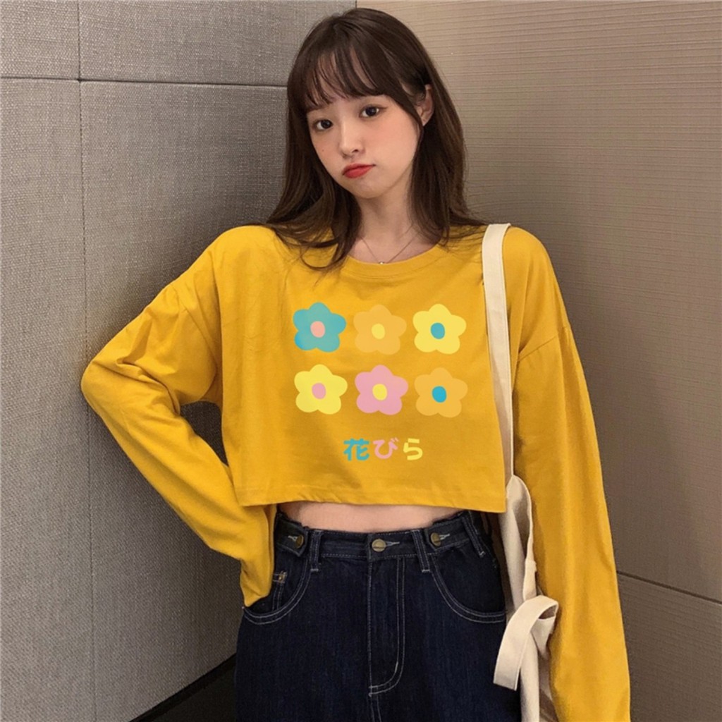 Áo Croptop Nữ Tay Dài In Hình Bông Hoa  Lapi VN Phong Cách Ulzzang  Freesize Phom Rộng, Áo Thun Unisex