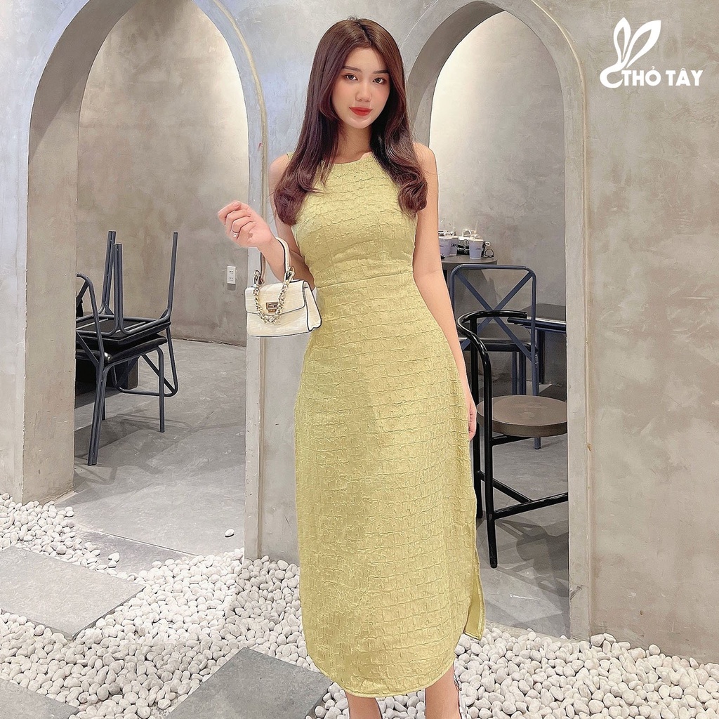 Đầm xòe midi xẻ tà nơ lưng THỎ TÂY DAM429