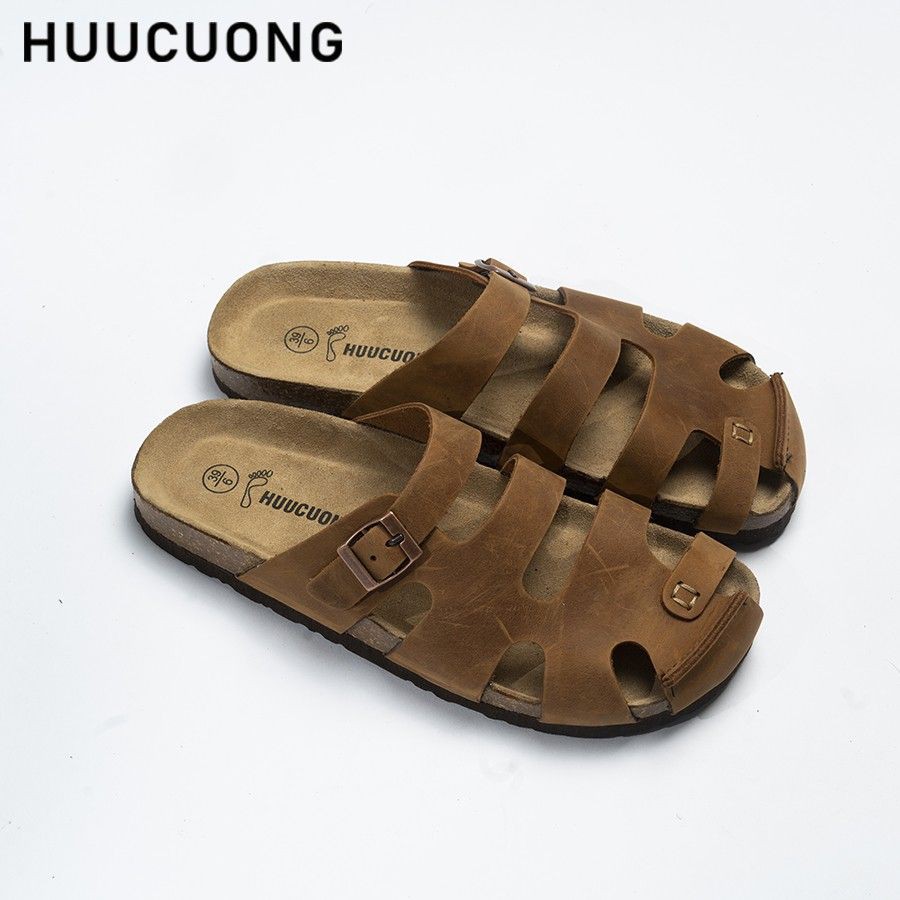 Dép Huucuong bít mũi da bò nâu đế trấu [SP2177]