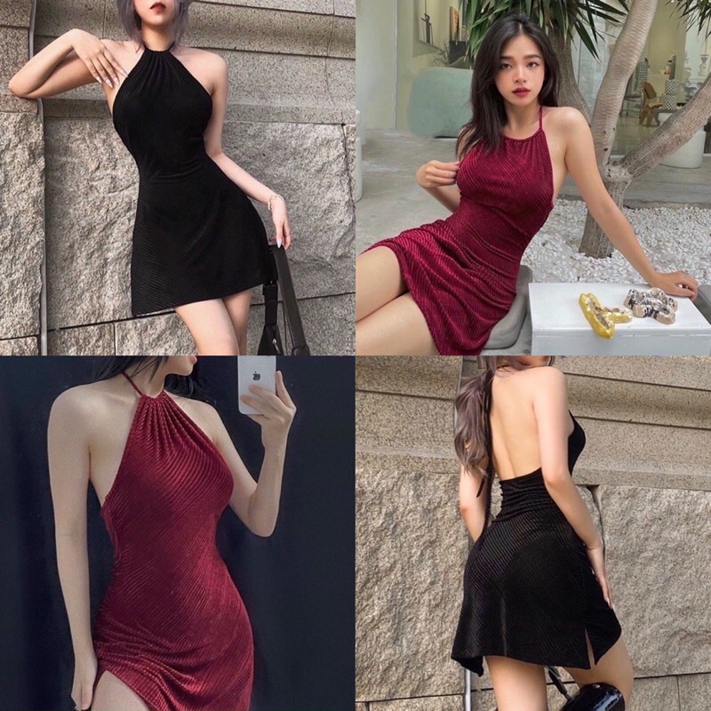 Đầm cổ yếm body hở lưng sexy, váy hở vai quyến rũ Thuncastore D116