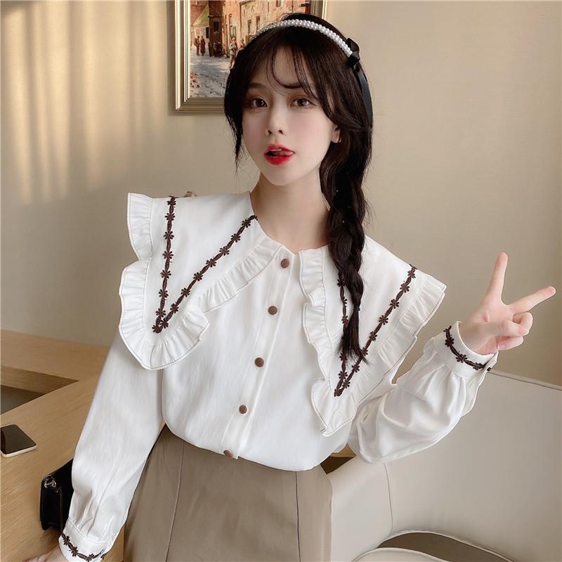 Áo sơ mi tay dài cổ búp bê phong cách Hàn Quốc thời trang dành cho nữ