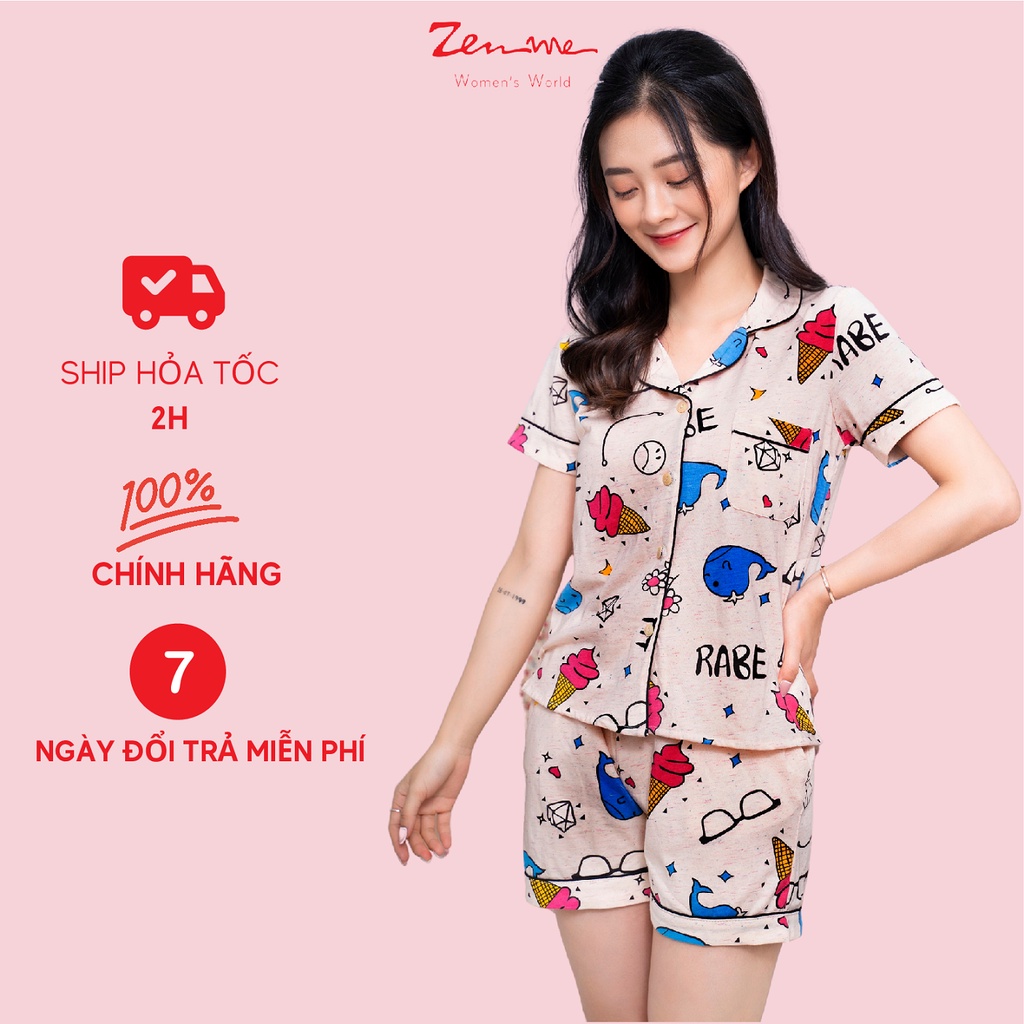 Đồ bộ nữ Zen Me pijama mặc nhà tay cộc quần đùi chất liệu chuẩn cotton họa tiết cá voi kem dễ thương