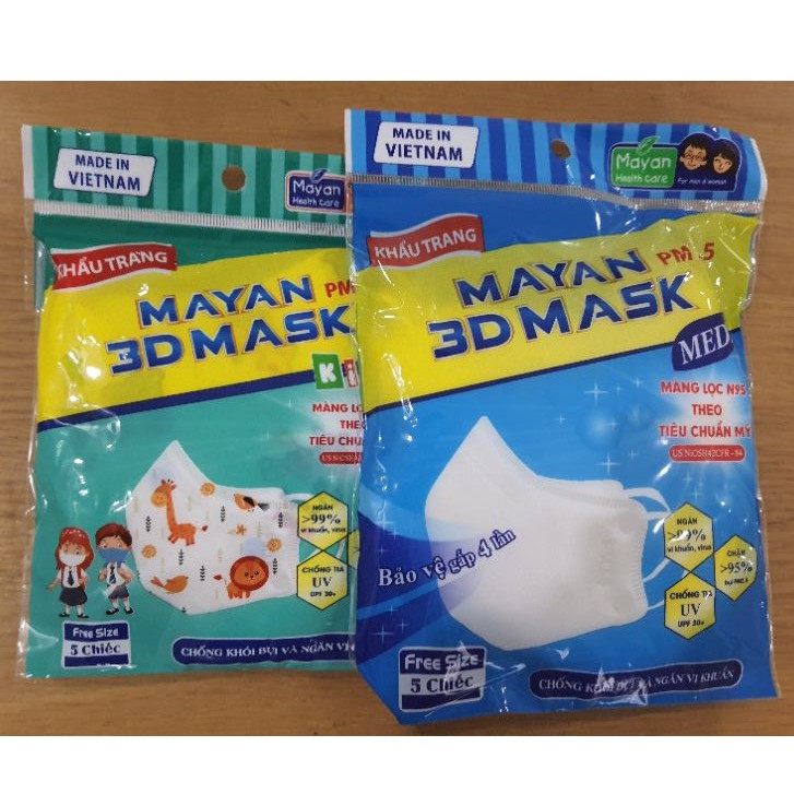 Khẩu Trang Mayan 3D Mask Pm2.5 Medi Freesize Màng Lọc N95 Túi 5 Chiếc Size M (Màu Ngẫu Nhiên )