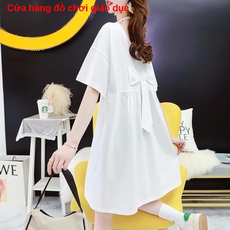 XINH XINH Bà bầu váy mùa hè Hàn Quốc bộ đồ cotton rộng giữa dài trên đầu ngắn tay áo thun hai mảnh hợp thời trang RẺ QUÁ