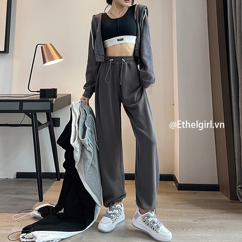 Quần Dài Thể Thao Ống Rộng Có Dây Rút 4 Màu Sắc Chọn Lựa Phong Cách retro Mỹ Cho Nữ