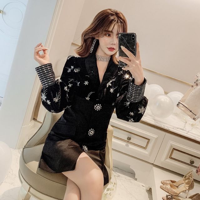 Đầm nhung lụa cổ vest Hoa Pha lê cao cấp  Ord