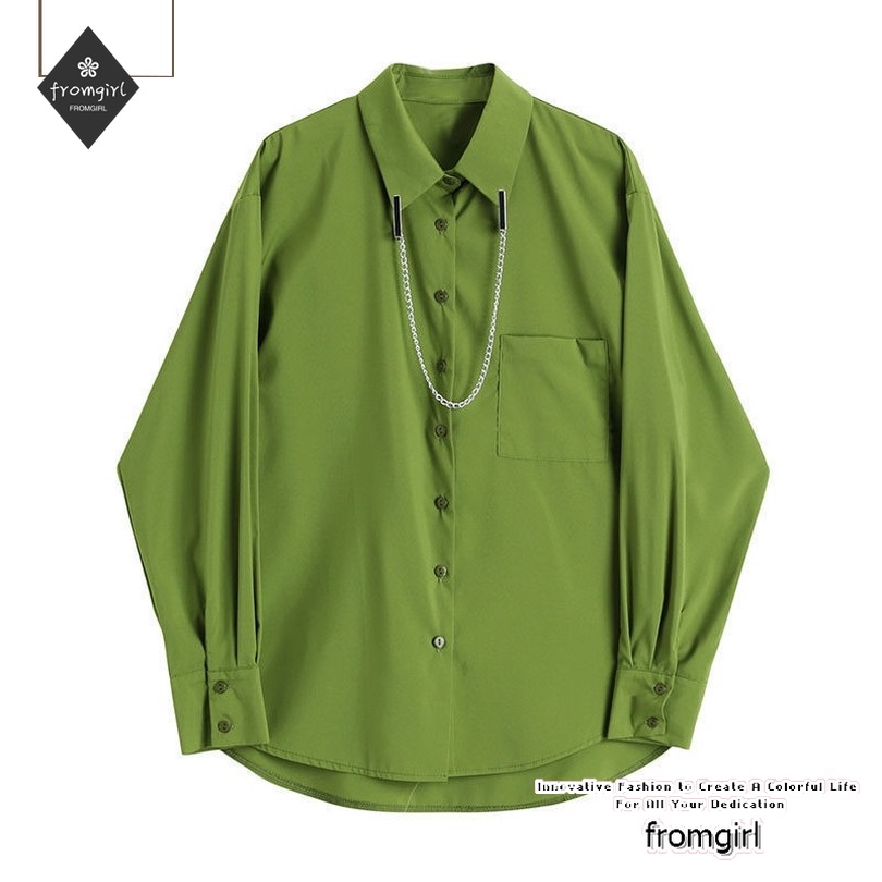 Áo Sơ Mi Cổ Tròn Tay Dài Dáng Rộng Màu Xanh Lá Thời Trang Mùa Xuân Phong Cách Retro 2022 Dành Cho Nữ