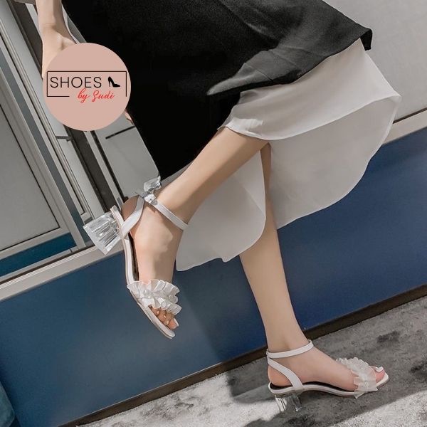 Giày cao 5p gót trong suốt SUDI SHOES Q165-BAA đôi sandal có quai ngọc với 2 màu đen trắng dễ phối đồ