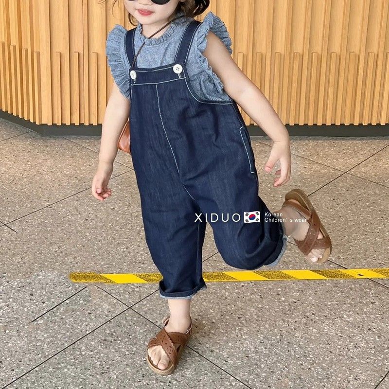 Quần Yếm Denim Ngắn Dáng Rộng Phong Cách Hàn Quốc Thời Trang Mùa Hè Cho Bé Gái