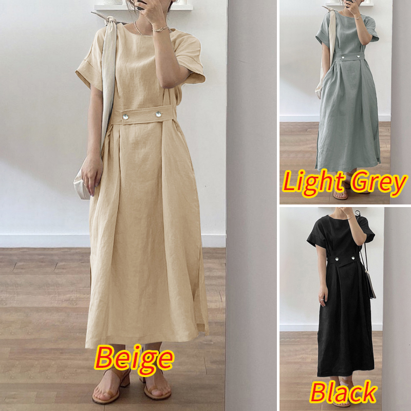 Đầm Maxi ZANZEA Dáng Rộng Tay Ngắn Cổ Tròn Phối Túi Bên Cho Nữ | BigBuy360 - bigbuy360.vn