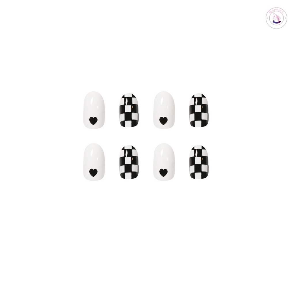 Set 24 Móng Tay Giả Sọc Caro Trắng Đen Thời Trang