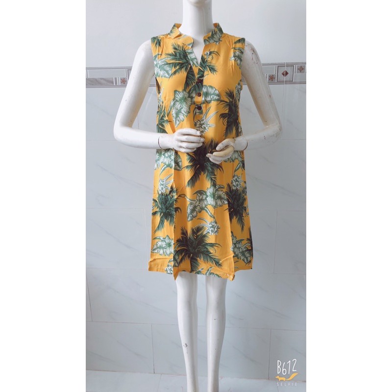 [65-75ky/size 2XL]Đầm lanh lụa mát cổ trụ dáng suông size to bầu mặc thoải mái