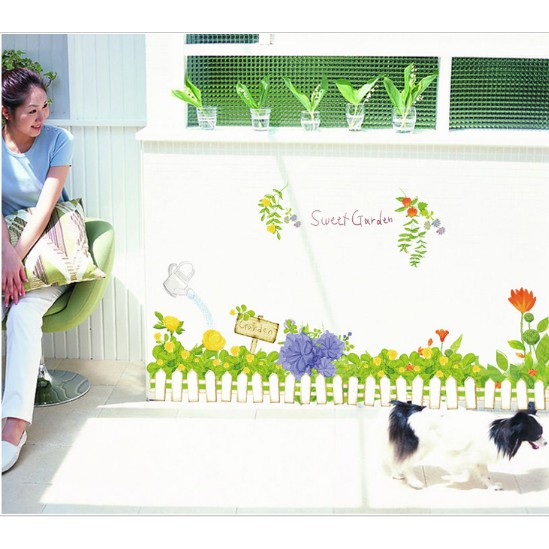 Decal trang trí chân tường hàng rào trắng cỏ hoa SWEET GARDEN