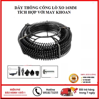 Bộ dây thông tắc cống lò xo 16mm kèm phụ kiện 3m, 6m, 9m, 12m, 15m, 18m dây thông cống dùng cho máy khoan