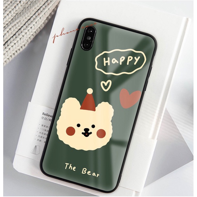 Ốp kính iphone gấu happy cho iphone 6 s plus 7 8 plus Xr X s max 11 11 pro max 12 mini 12 pro max Se2