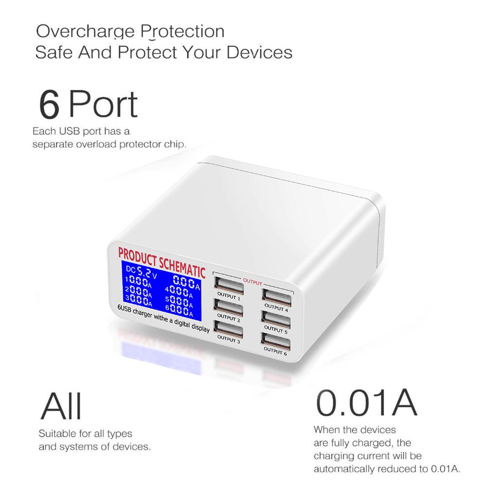 Bộ sạc USB Di động nhiều cổng USB Bộ sạc 6 cổng USB Ổ cắm sạc nhanh với màn hình LCD