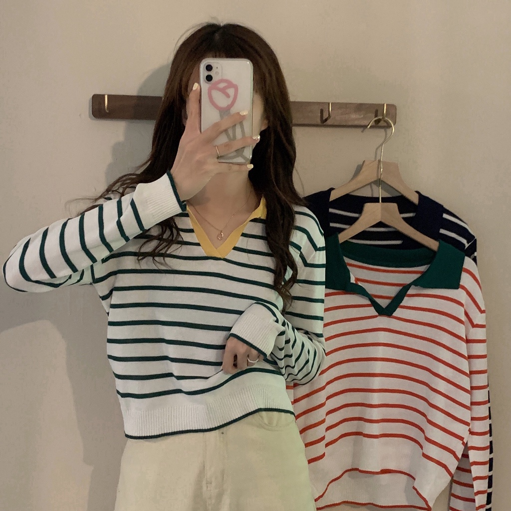 Áo len nữ cổ polo dài tay thu đông, áo polo nữ len dài tay