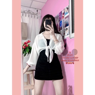 Set áo voan cột eo + đầm body 2 dây nhún