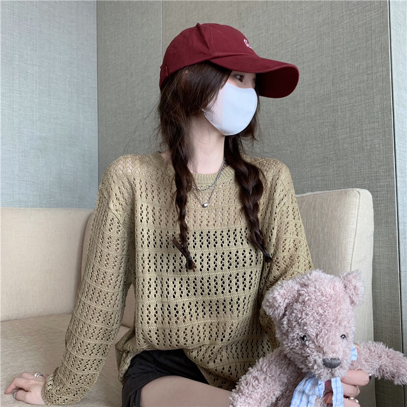 ZHELIHANGFEI Áo Dệt Kim Tay Dài Chống Nắng Dáng Rộng Phong Cách Preppy