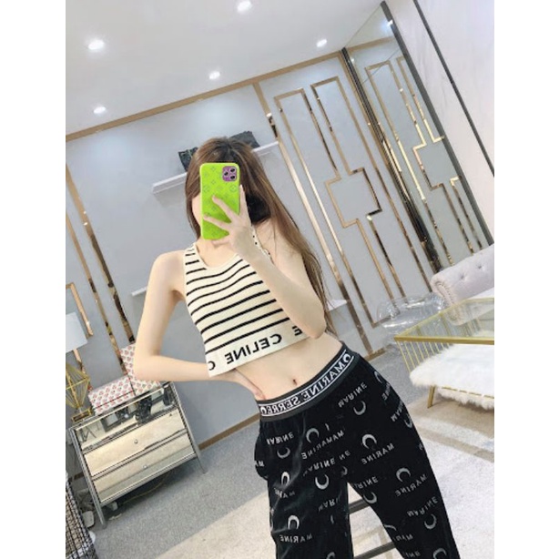 Áo croptop sát nách ZARA thun cotton gân tăm thêu chữ ce.line trắng, đen, sọc