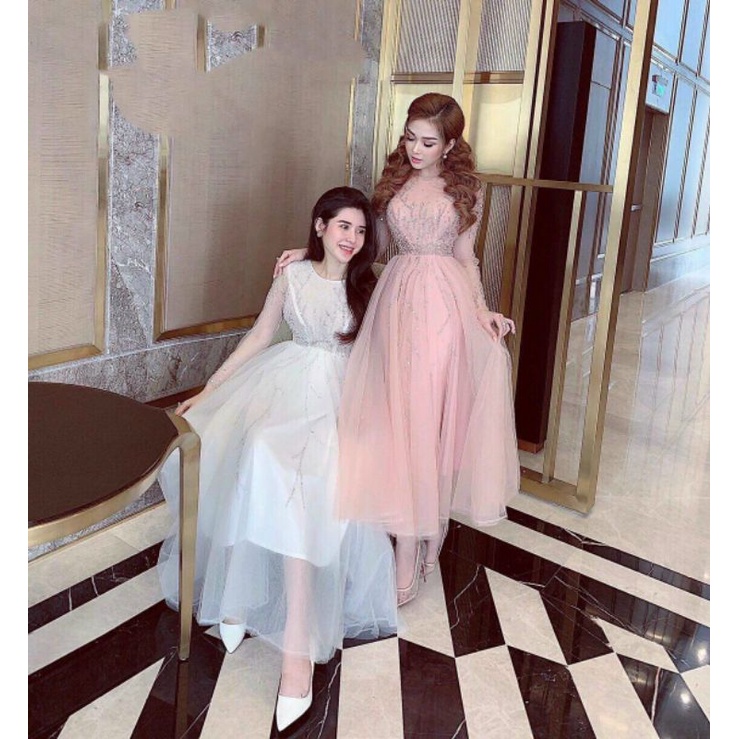Đầm váy công chúa dự tiệc, cô dâu đi bàn, form xòe midi tay dài kết cườm sang trọng