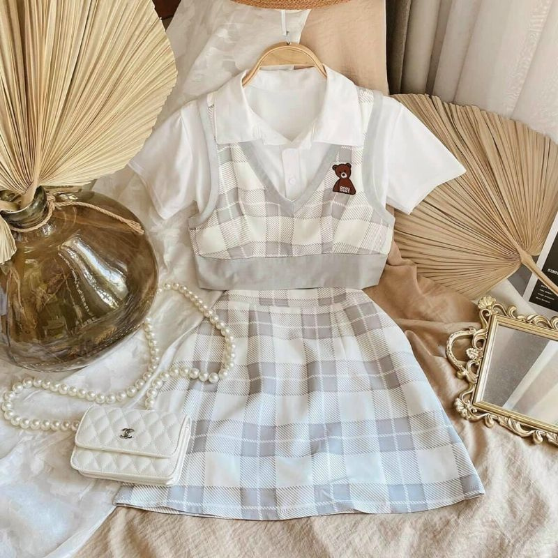 Set áo gile gấu teddy phối chân váy dễ thương