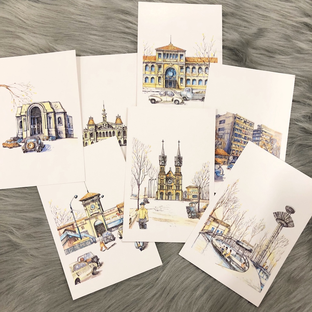 Postcard, Thiệp chúc mừng, Tranh trang trí BST Sài Gòn xưa, 10CMx15CM kèm bao thư Kraft