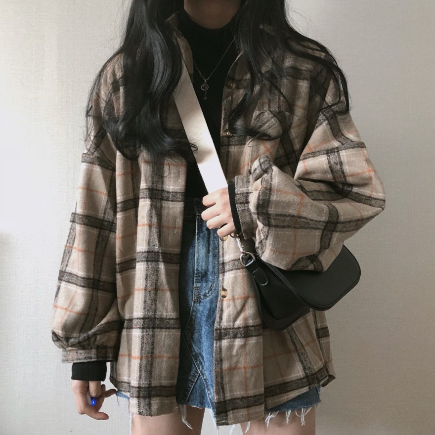Áo sơ mi dài tay cho nữ kẻ Br túi ngực unisex chất thô mềm form rộng thiết kế tay bồng thời trang vintage GuZ
