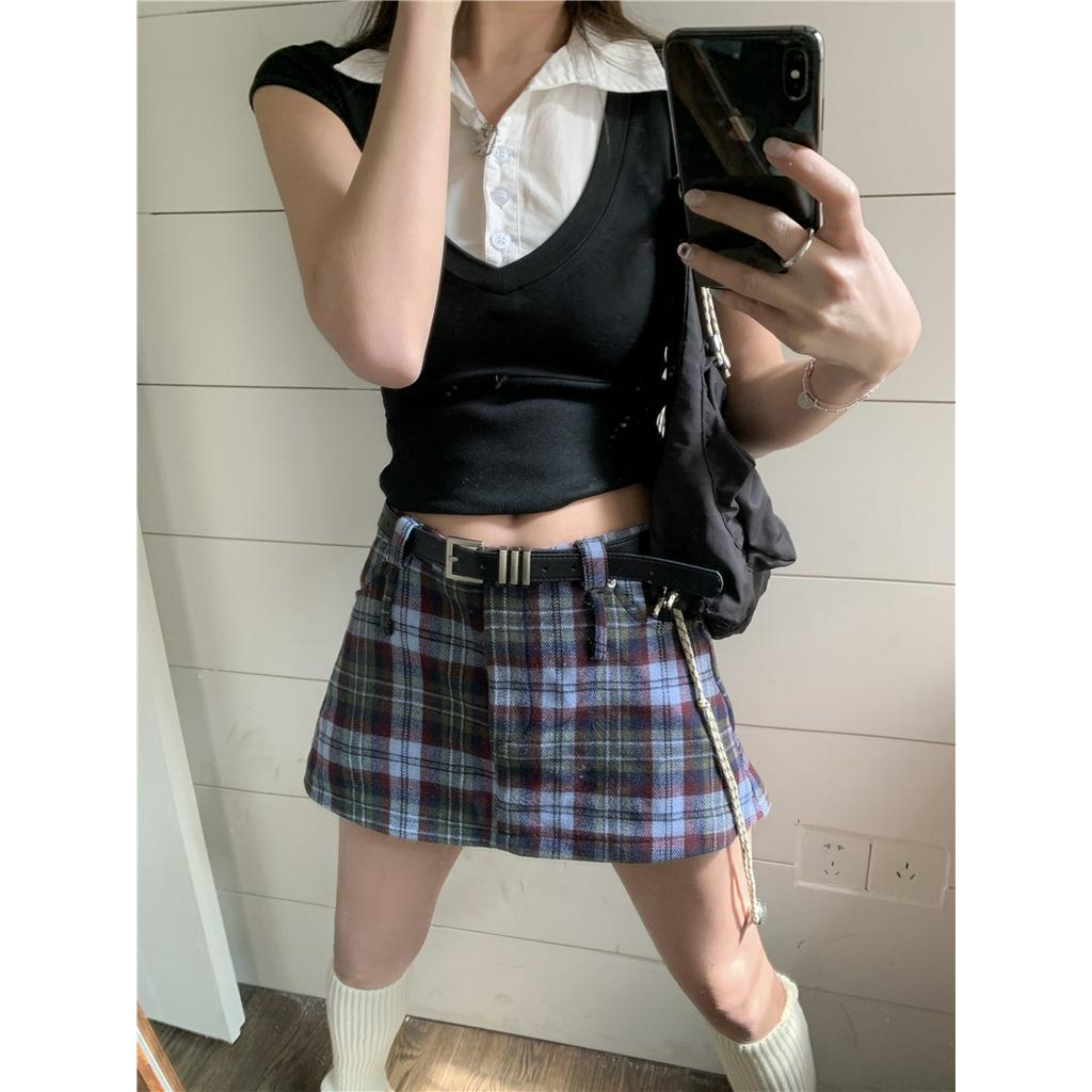 Bộ Áo Thun Cổ Chữ V Giả Hai Mảnh Phối Chân Váy Ngắn Ôm Dáng Phong Cách Thái Lan 63044