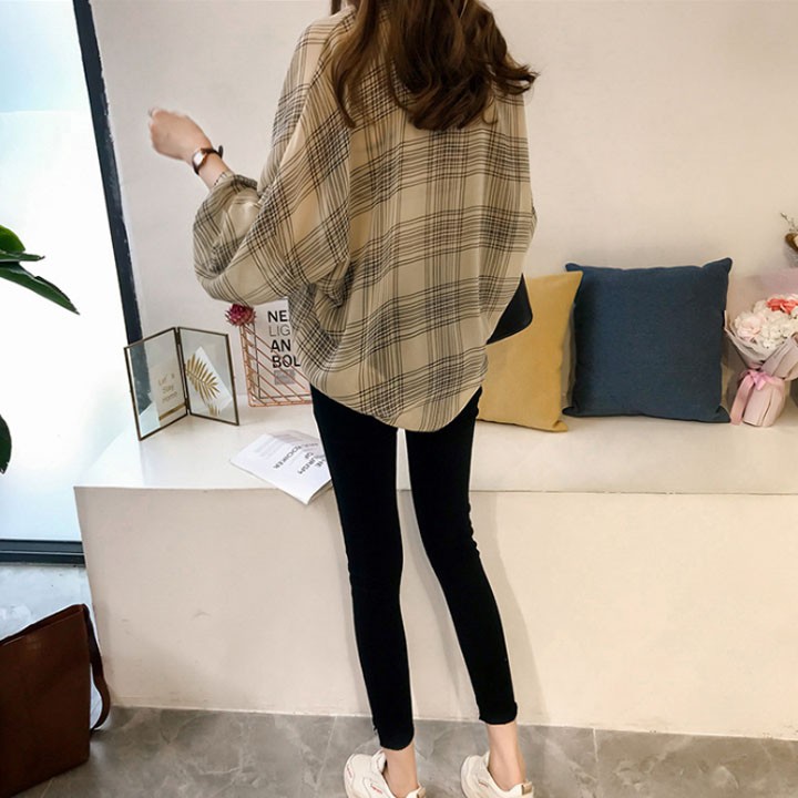 Áo sơ mi nữ voan ca rô tay phồng , sơ mi nữ form rộng, áo nữ kiểu form giấu bụng