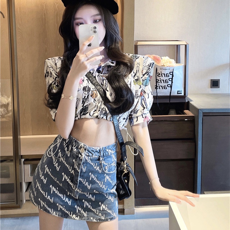 Chân Váy Denim Lưng Cao In Chữ Thời Trang Mùa Hè Mới Cho Nữ