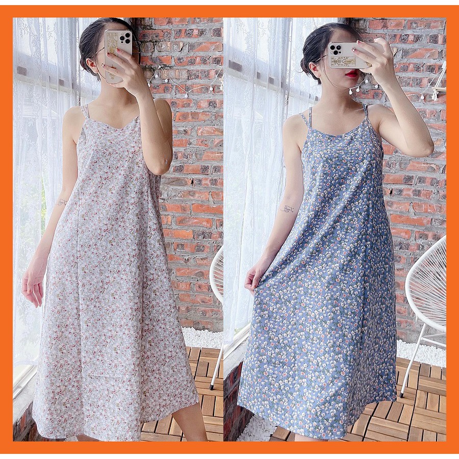 Váy hoa nhí  2 dây nữ MADELA suông dài qua gối phong cách vintage, đầm 2 dây hoa nhí dáng dài