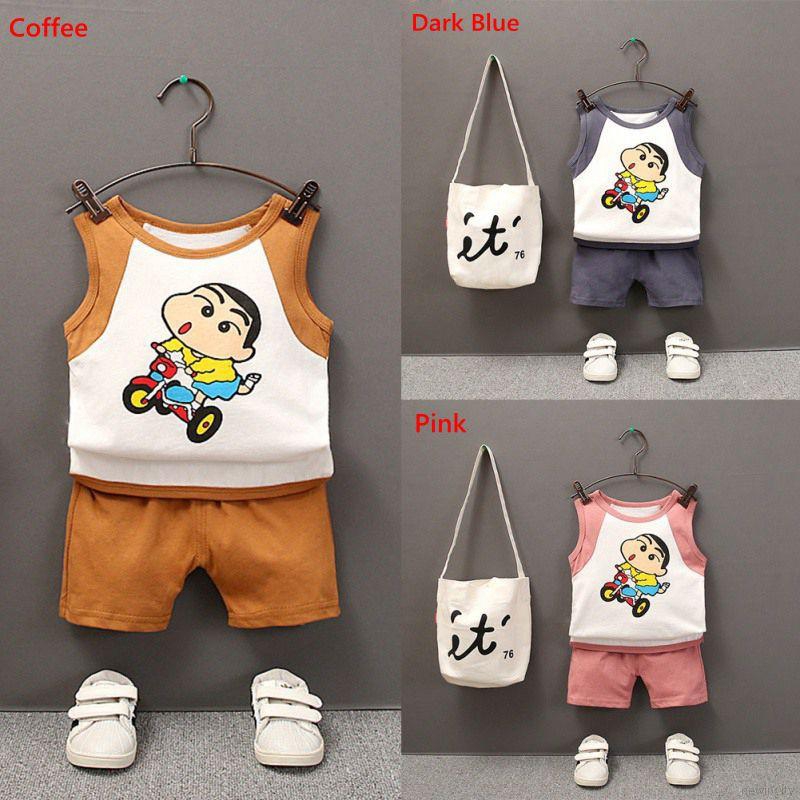 Bộ đồ gồm áo thun không tay hình cậu bé bút chì + quần short đáng yêu cho bé