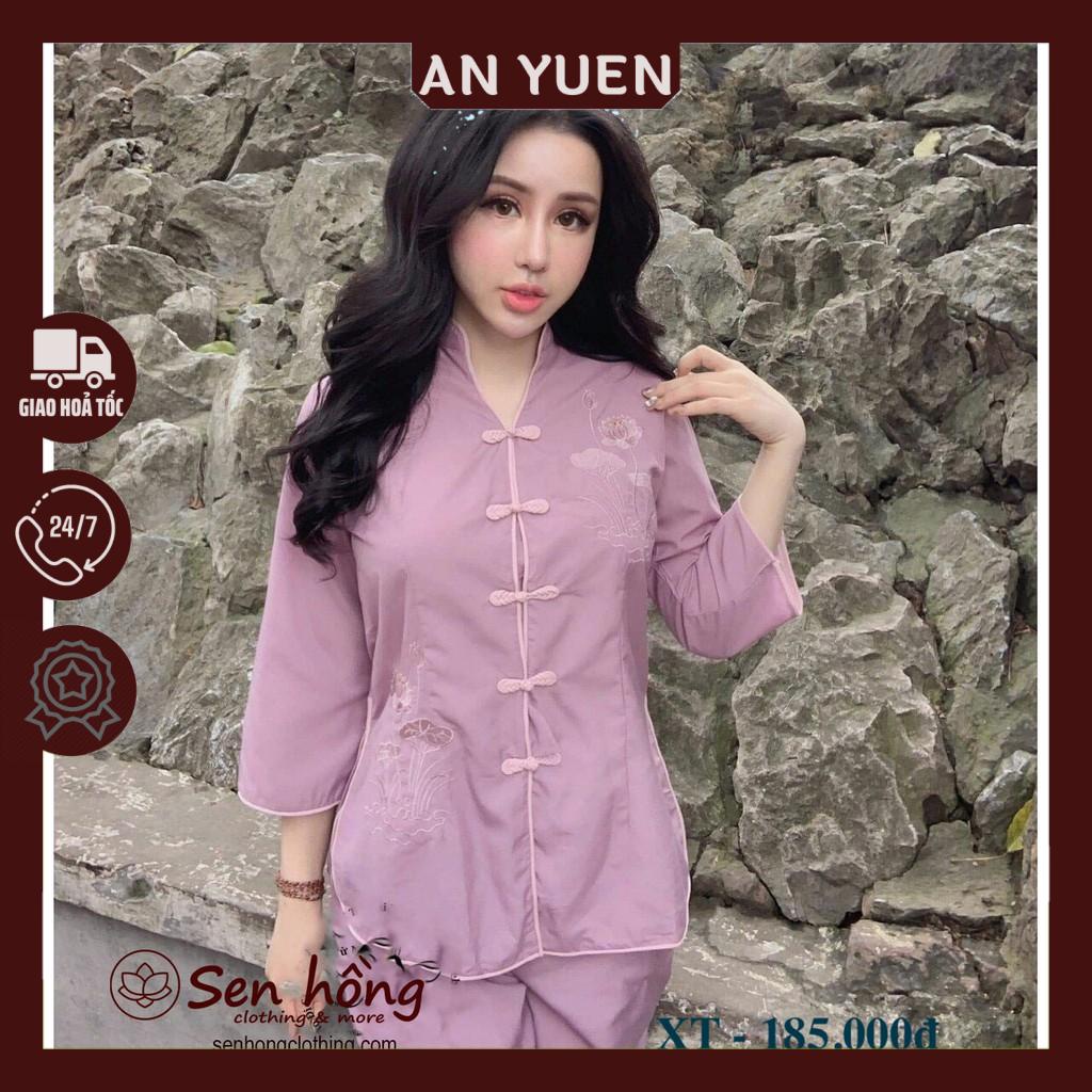 ☄️ QUẦN ÁO ĐI LỄ BỘ MÀU TÍM CHO NỮ cổ tàu thêu sen màu tím ruốc nhẹ nhàng trẻ trung