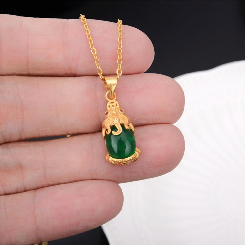 Sand Gold Inlaid Green White Jade PIXIU Pendant Necklace/Charm Good Luck Fortune Sweater Chain/Woman Men Party Birthday Wedding Gift
