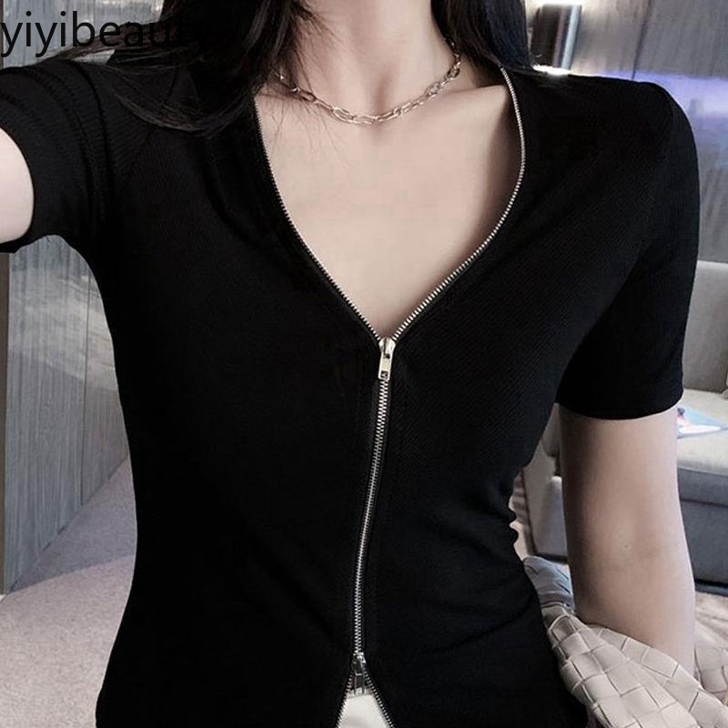 Áo thun lửng ngắn tay kéo khóa thời trang cho nữ | BigBuy360 - bigbuy360.vn