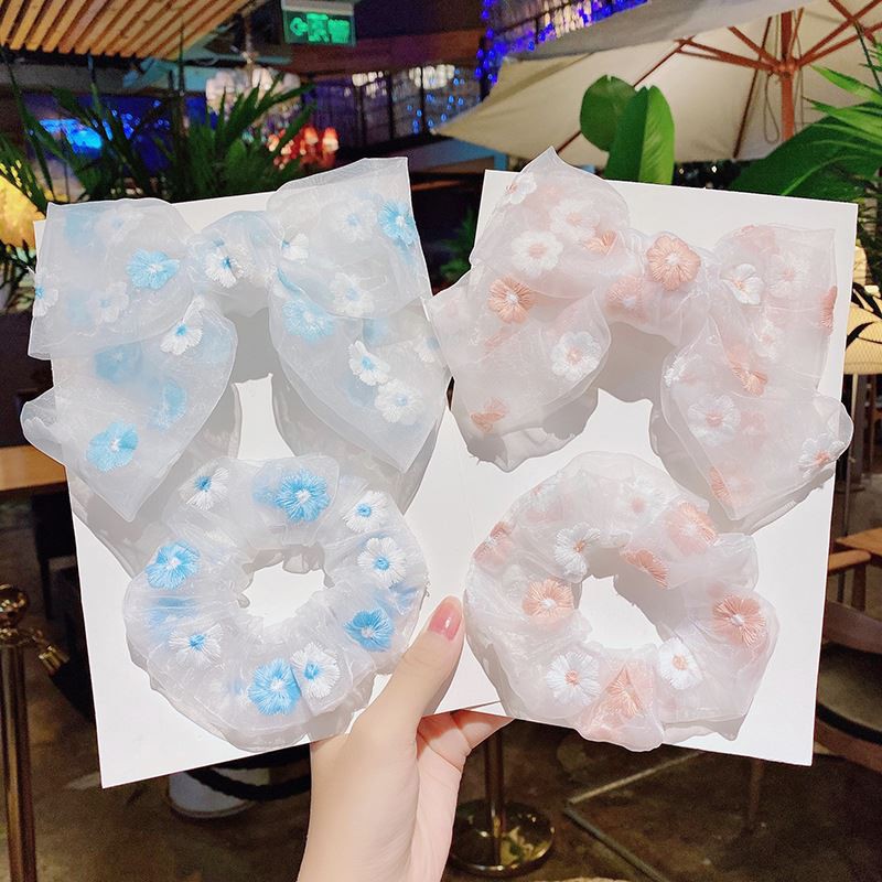 Set dây buộc tóc Scrunchies và nơ thêu họa tiết hoa phong cách thời trang Hàn dành cho nữ