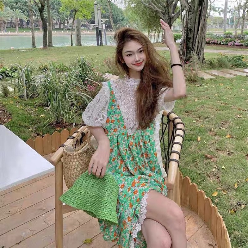 Set Đầm Hoa Phối Áo Ren