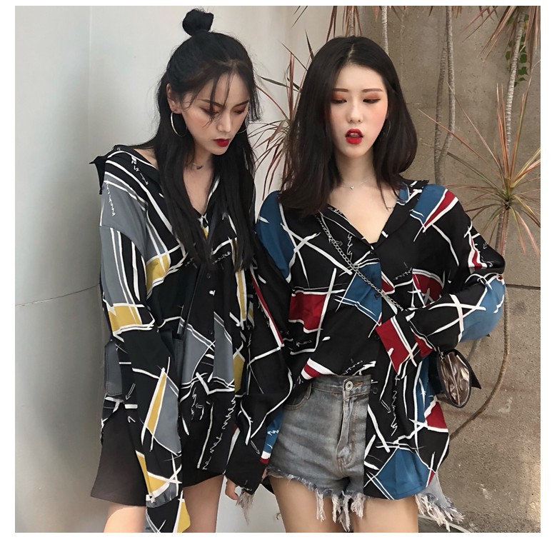 Áo Sơ Mi Nữ Tay Dài Dáng Rộng Họa Tiết In Theo Phong Cách Vintage