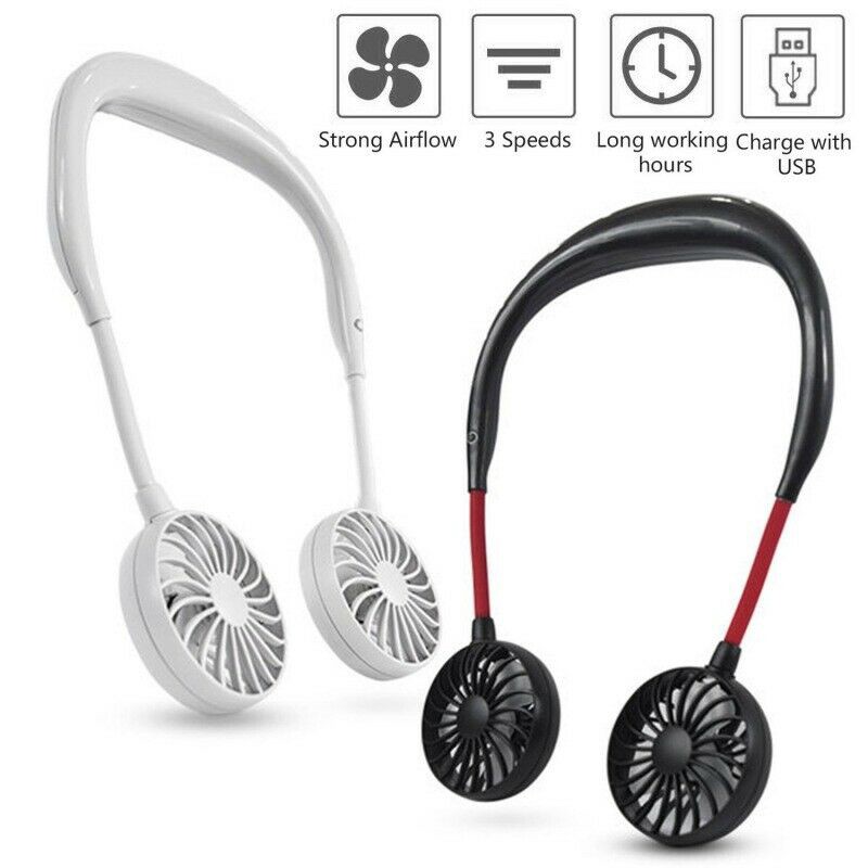 Quạt Mini Đeo Cổ Tích Điện Sạc USB Loại Quàng Chữ U Cầm Tay 3 Cấp Độ Gió Làm Mát