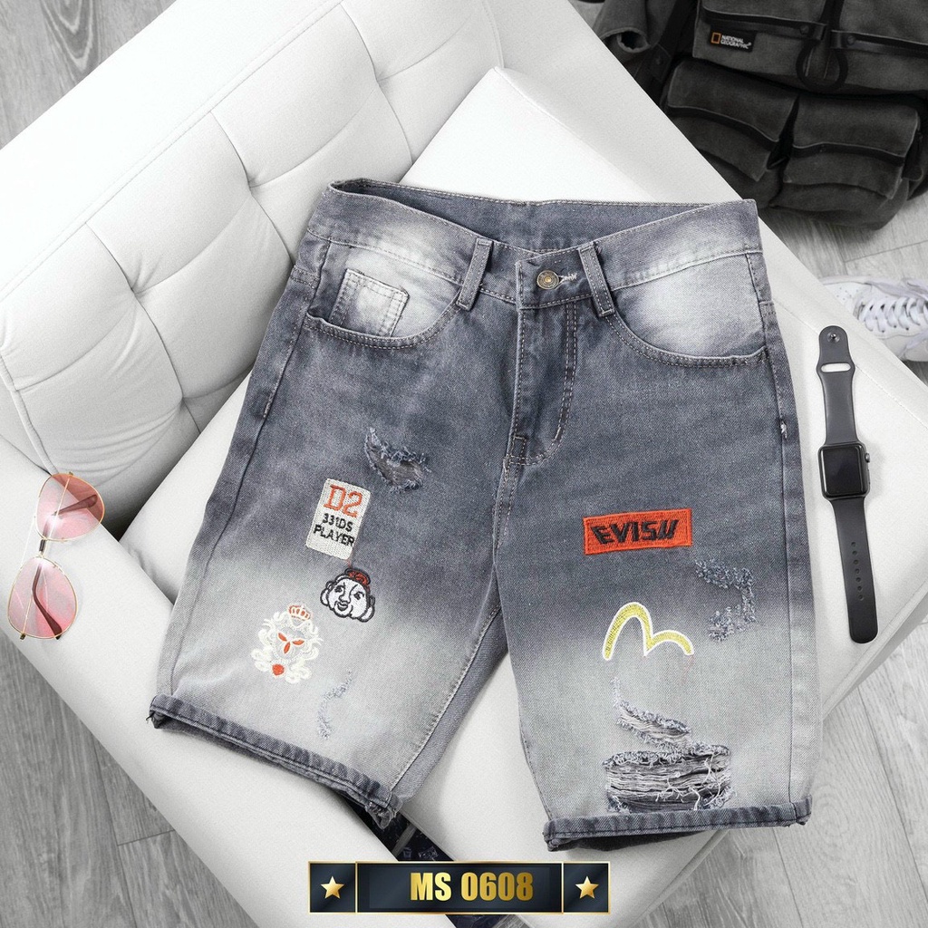 Quần đùi jean nam short bò ngố đùi chất denim co giãn lửng rách xước màu xanh mới nhất 2022 King168 MS213