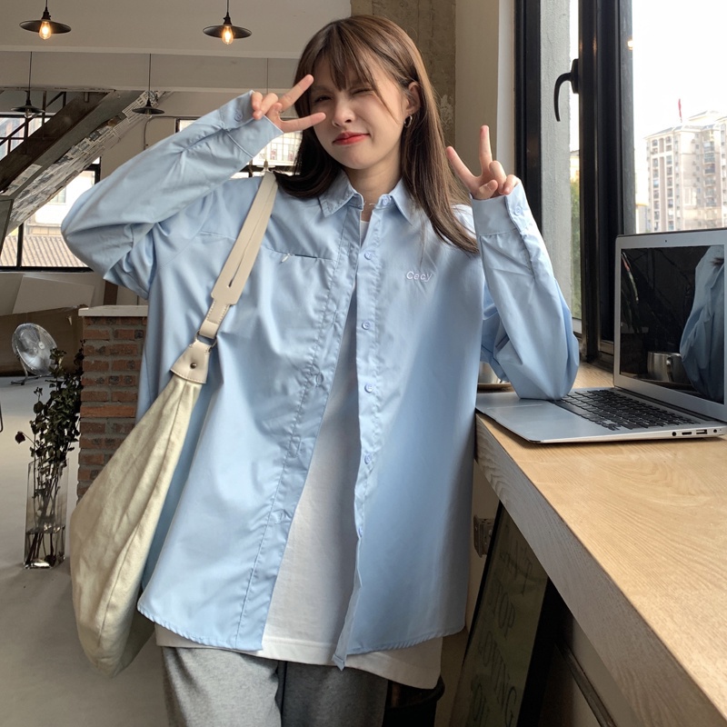 SUXI Áo sơ mi nữ tay dài dáng rộng thêu chữ phong cách Hàn Quốc