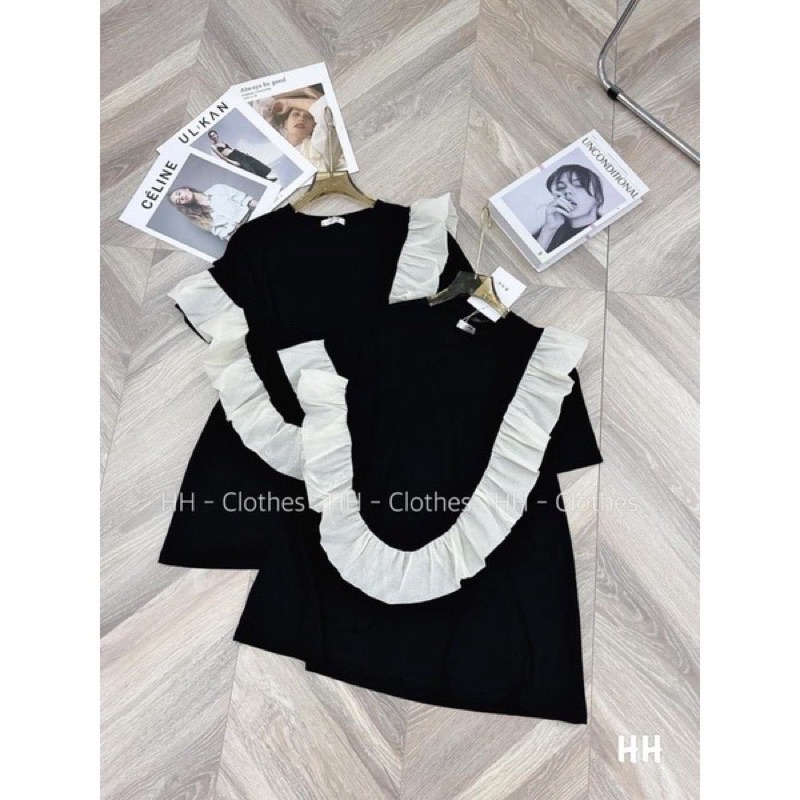 Áo phông phối viền bèo trắng siêu xinh HOTTREND - Áo thun tay lỡ nam nữ unisex freesize form rộng 65kg chất cotton đẹp