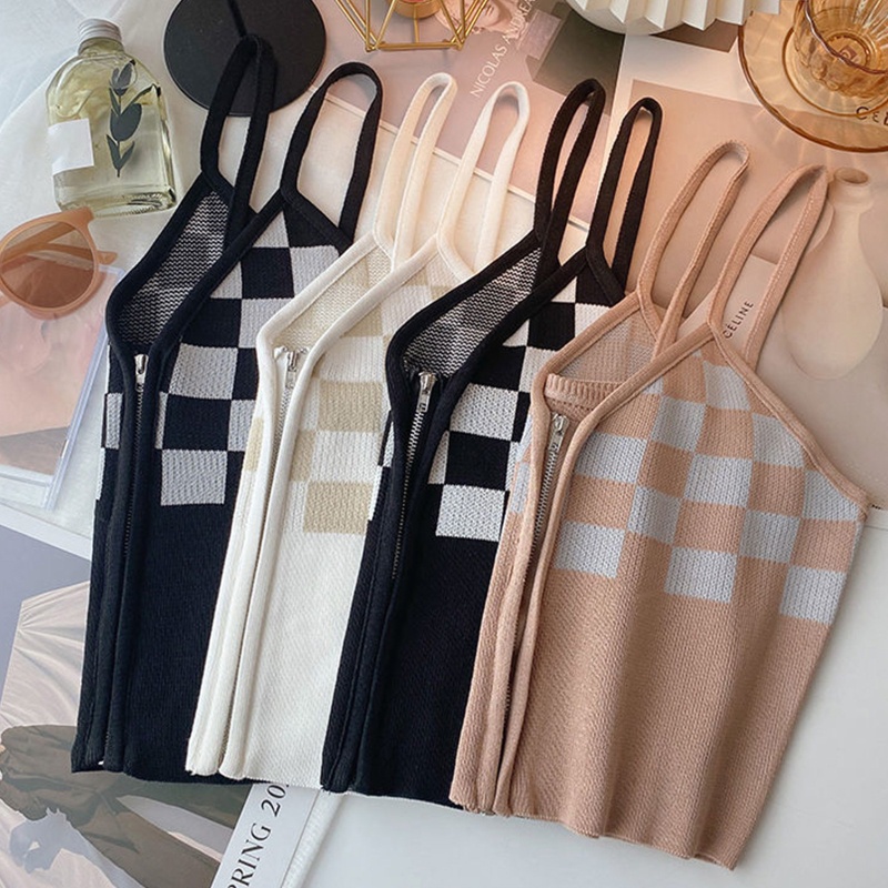 Áo Croptop Hai Dây Dệt Kim Cổ Chữ V Họa Tiết Sọc Caro Phối Khóa Kéo Thời Trang Cho Nữ