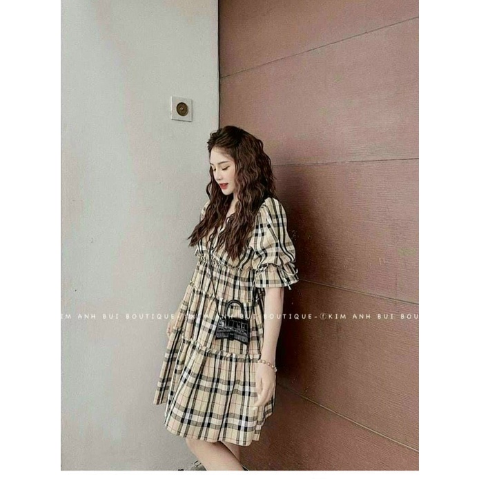 Đầm nữ tiểu thư,đầm babydoll bbr cổ v cột dây tay, đầm kẻ nâu tay phồng nhún bèo tầng xoè đi chơi dạo phố xinh xắn