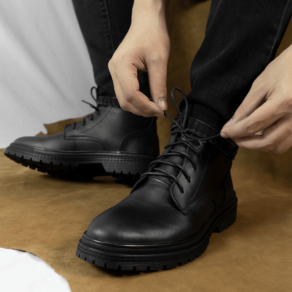 Giày da nam G2 combat boot cổ lửng buộc dây đế chunky khâu chắc chắn, cao cổ độn đế tăng chiều cao bằng cao su