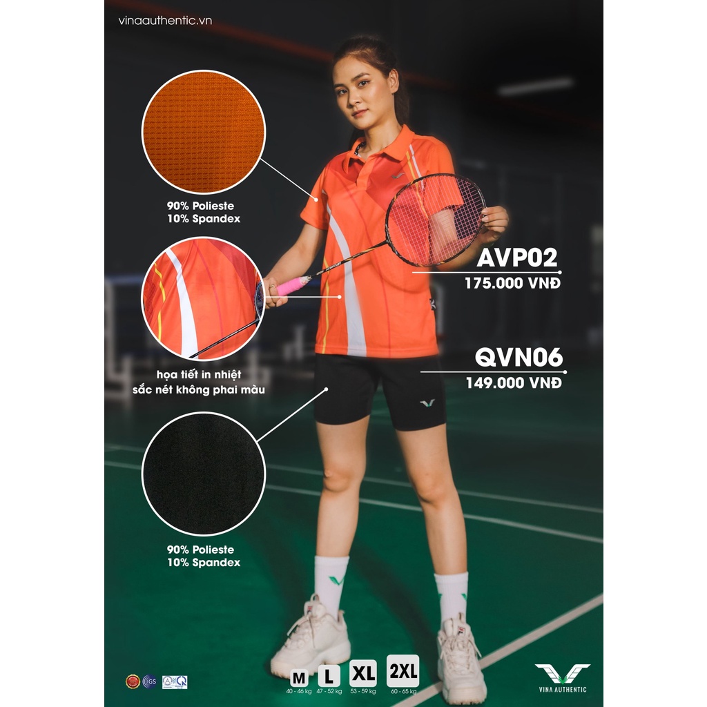 Bộ Thể Thao Nữ AVP02 Vina Sport Áo Tập Cầu Lông, Gym, Tennis , Quần Đùi Co Giãn 4 Chiều Năng Động Thấm Hút Tốt