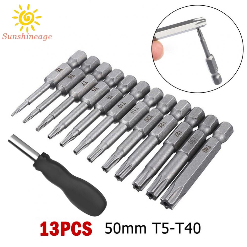 Torx Screwdriver Bits Silver + Black T5-T40 50mm/1.97&quot; 6.35mm Hex Shank